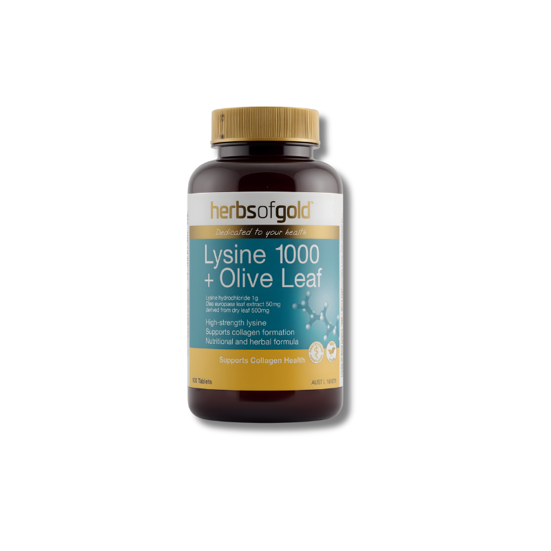 Herbs of Gold Lysine 1000 + Olive Leaf supplement bottle on a white background