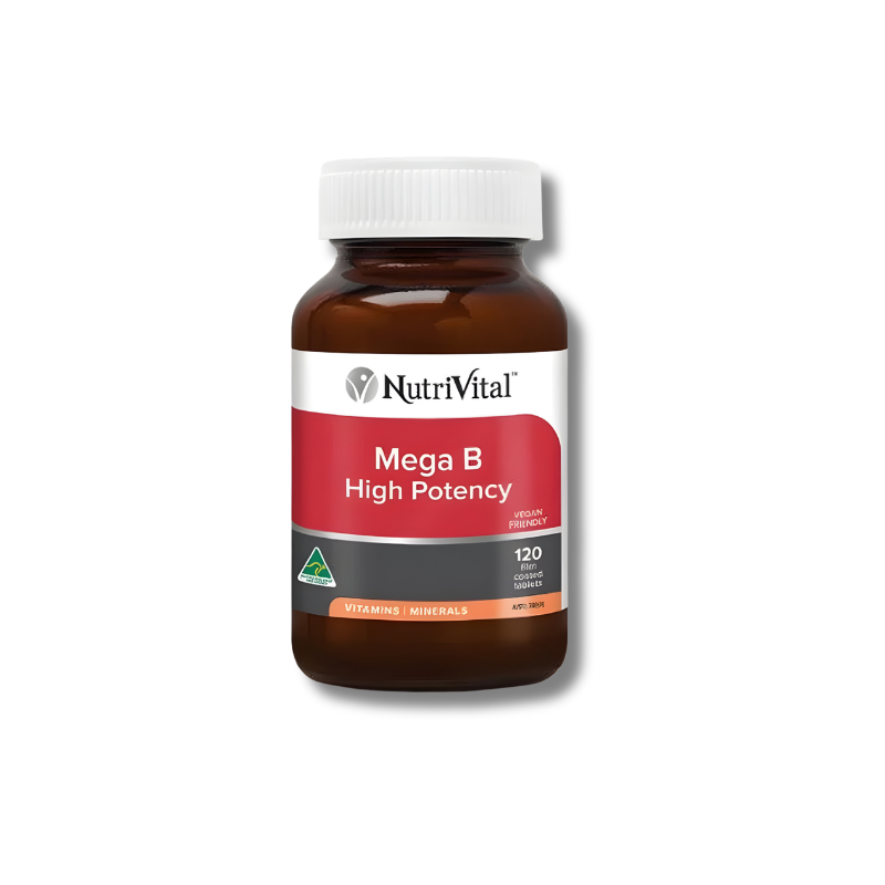 NutriVital Mega B High Potency supplement bottle on a white background
