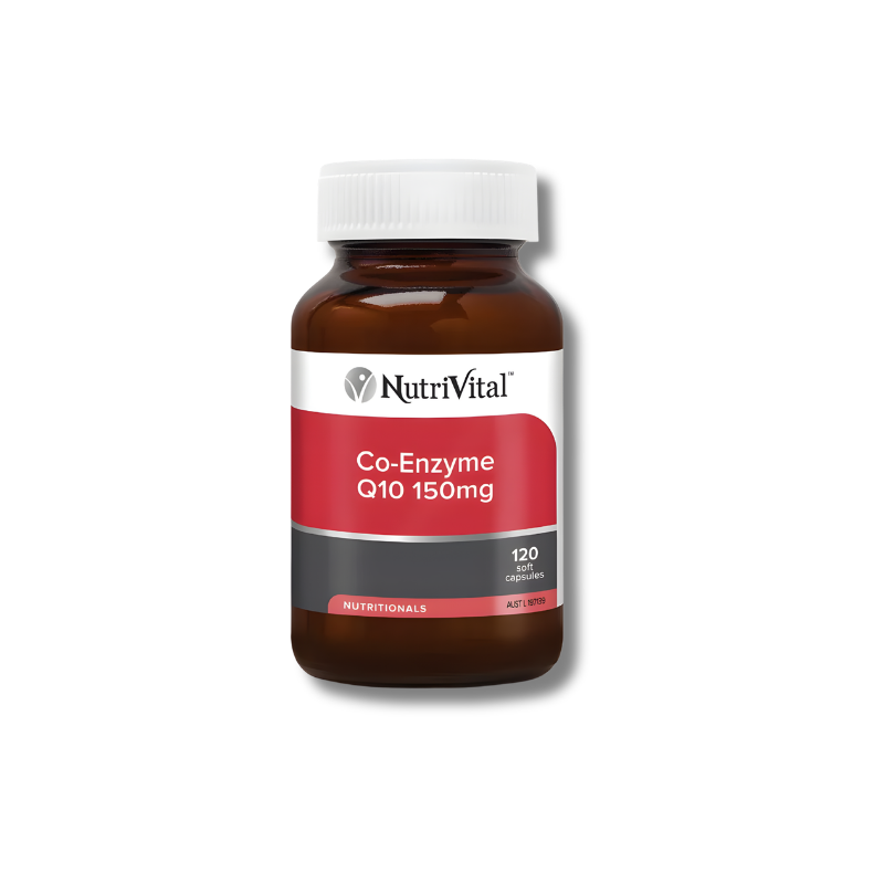 Nutrivital Co-Enzyme Q10 120 capsules supplement bottle on a white background