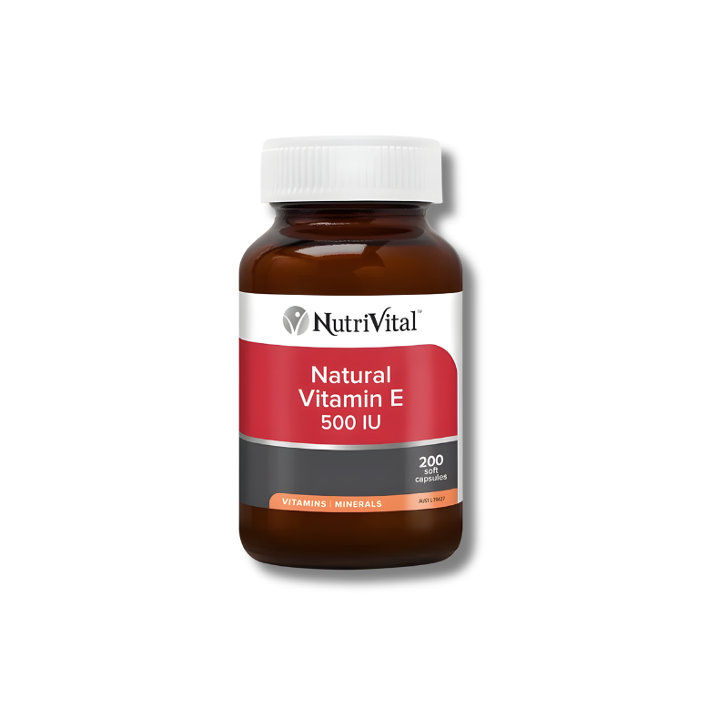 NutriVital Natural Vitamin E 500 IU supplement bottle on a white background