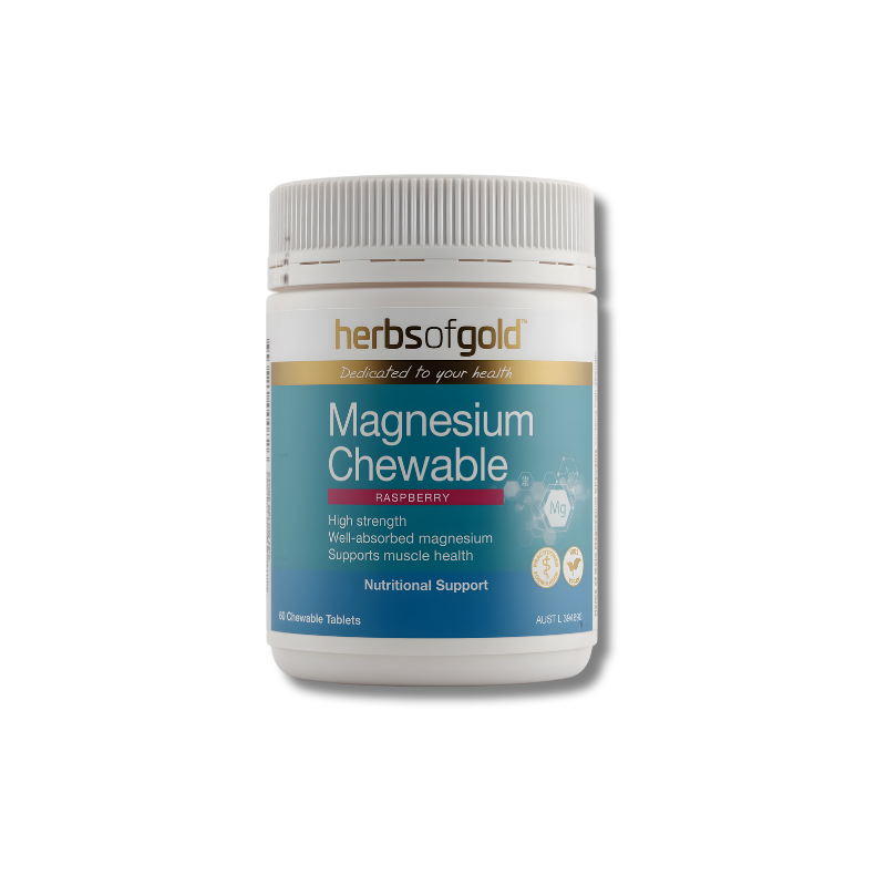 Herbs of Gold Magnesium Chewable supplement container on a white background