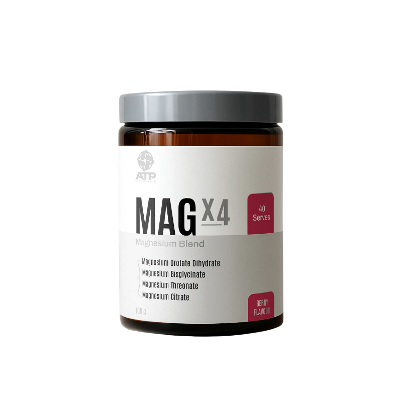 Supplement container labeled 'MAG X4' on a white background