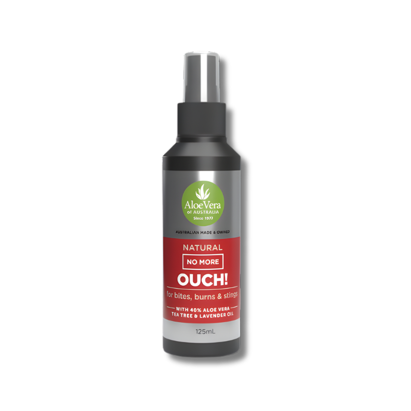 Spray bottle labeled 'Natural No More Ouch!' with Aloe Vera branding on a white background