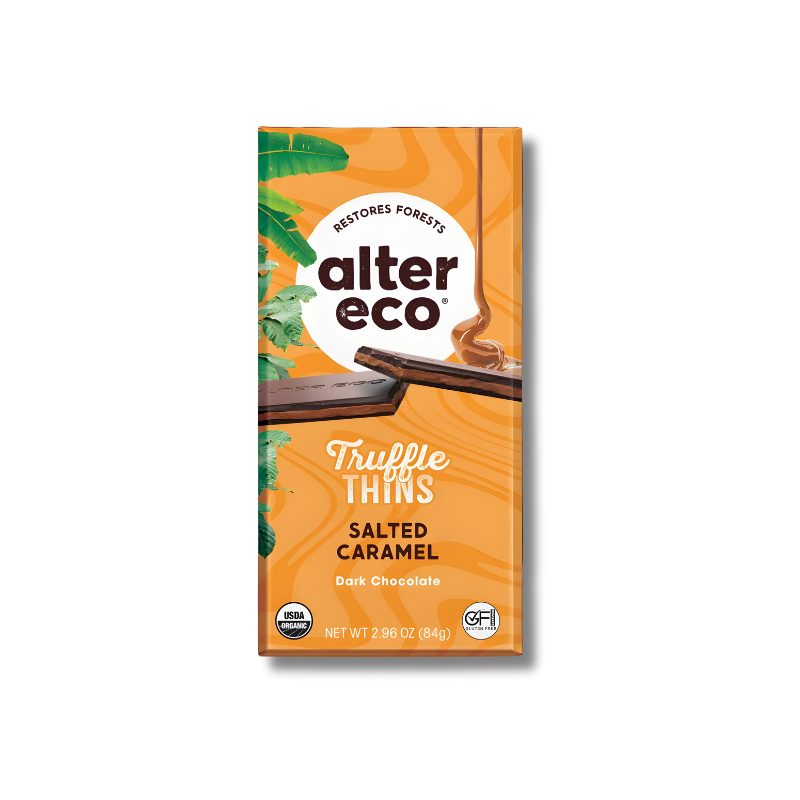 Alter Eco salted caramel truffle thins chocolate bar packaging on a white background
