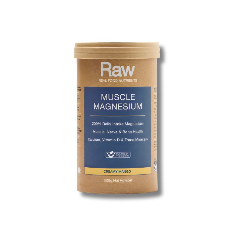 Container of Raw Muscle Magnesium powder on a white background