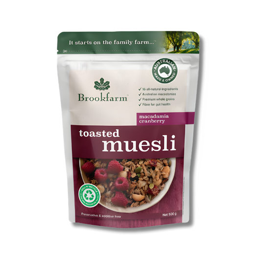 Brookfarm Toasted Muesli Macadamia & Cranberry – premium oven-baked blend with whole grains, fruits, and Australian macadamias.