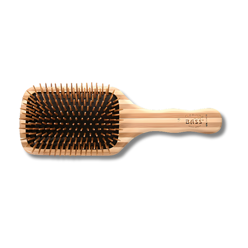Natural bamboo hairbrush with rounded bamboo pins for gentle detangling, scalp stimulation, and eco-friendly hair care