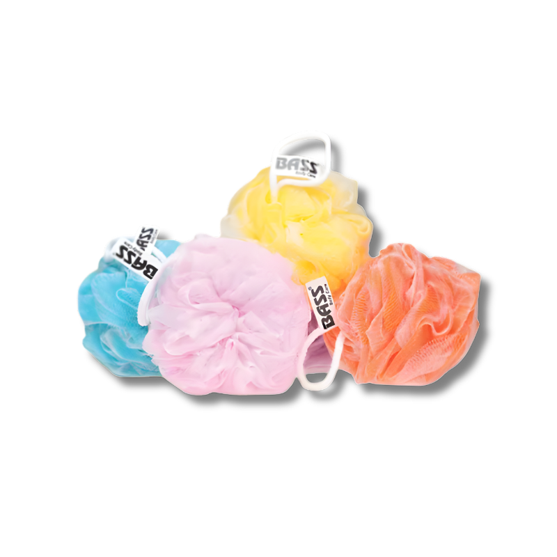 Four colorful loofahs with 'BASS' branding on a white background