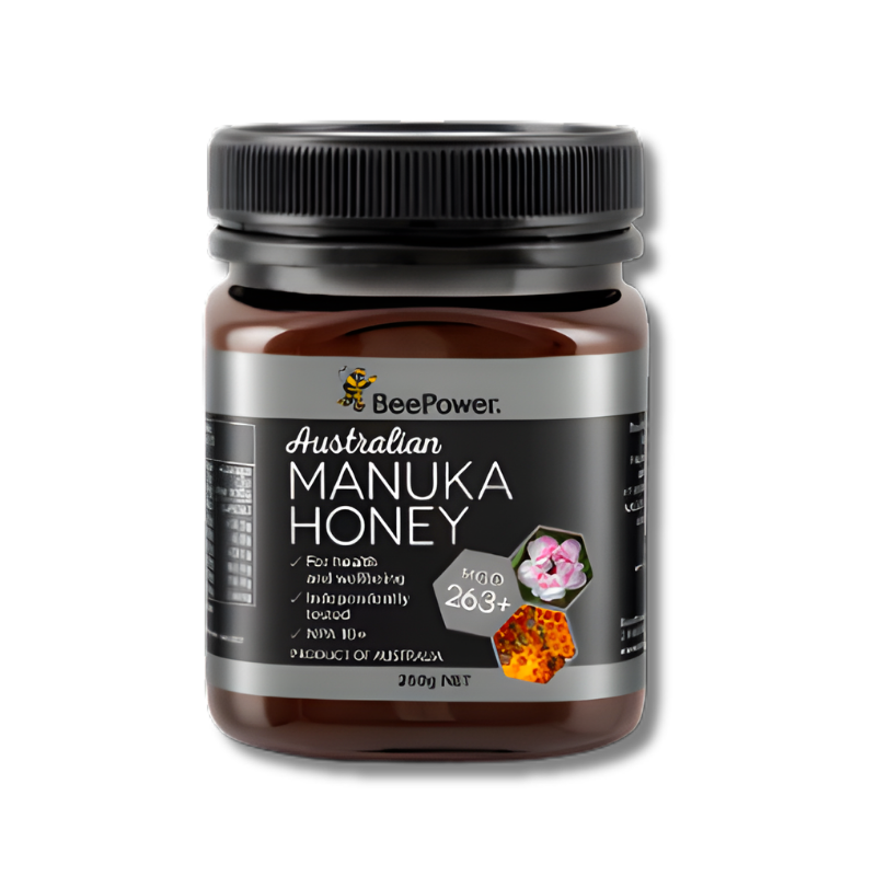 Jar of Australian Manuka Honey with BeePower branding on a white background