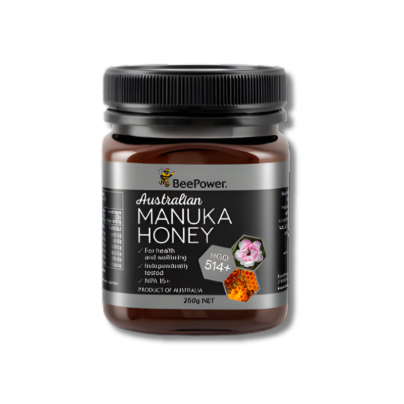 Jar of Australian Manuka Honey with BeePower branding on a white background