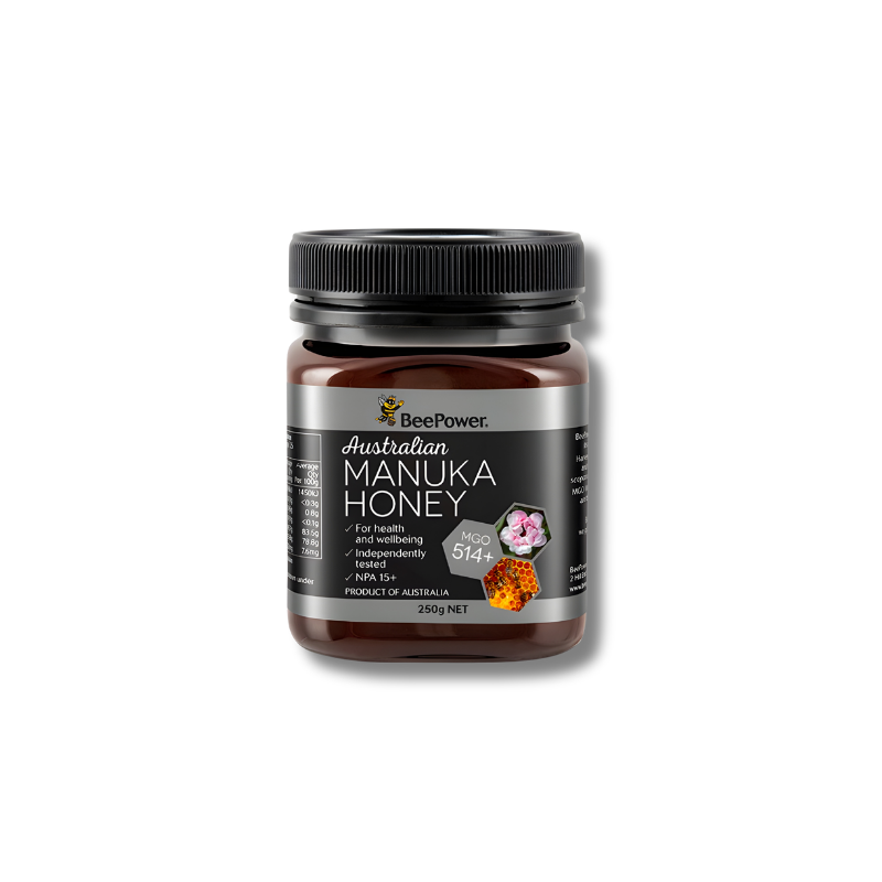Jar of Australian Manuka Honey with BeePower branding on a white background