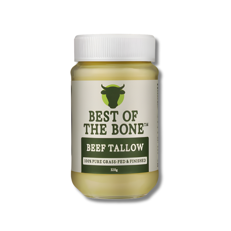 Jar of 'Best of the Bone' tallow on a white background