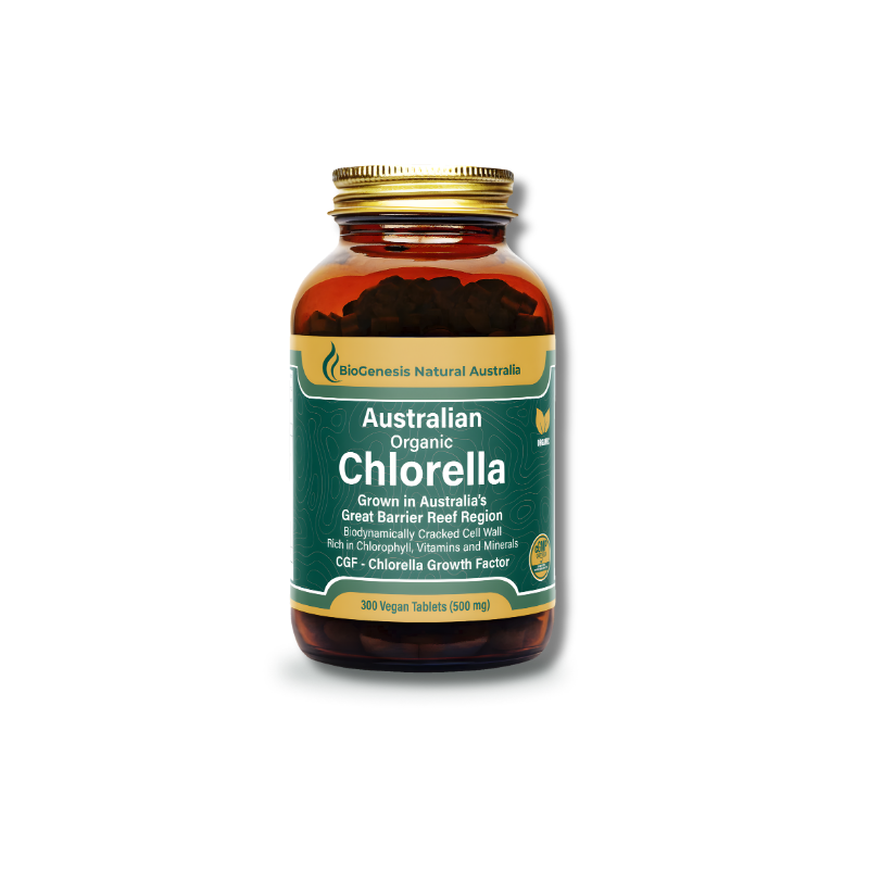 Bottle of Australian Organic Chlorella on a white background