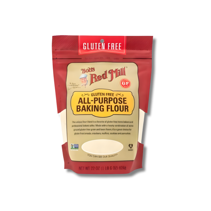 Bag of Bob's Red Mill gluten-free all-purpose baking flour on a white background