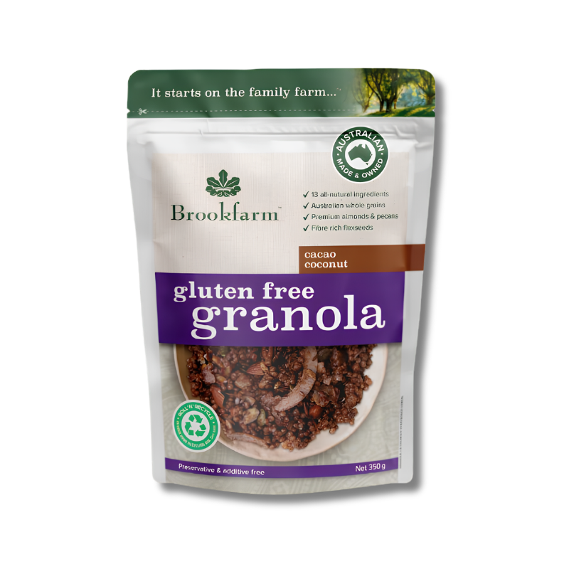 Brookfarm gluten free granola package on a white background