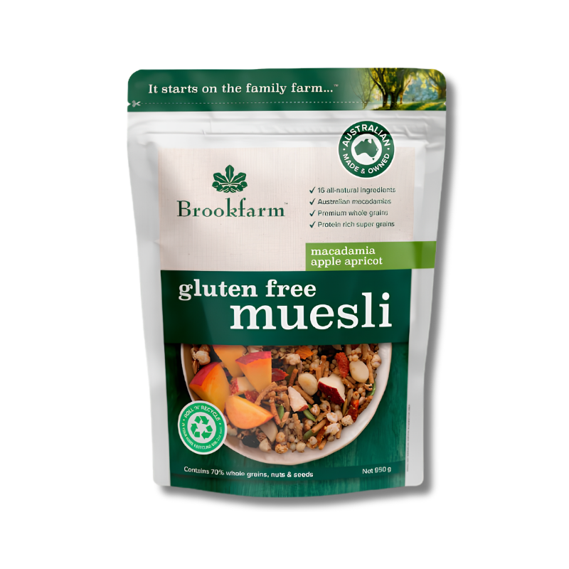 Brookfarm gluten free muesli package on a white background