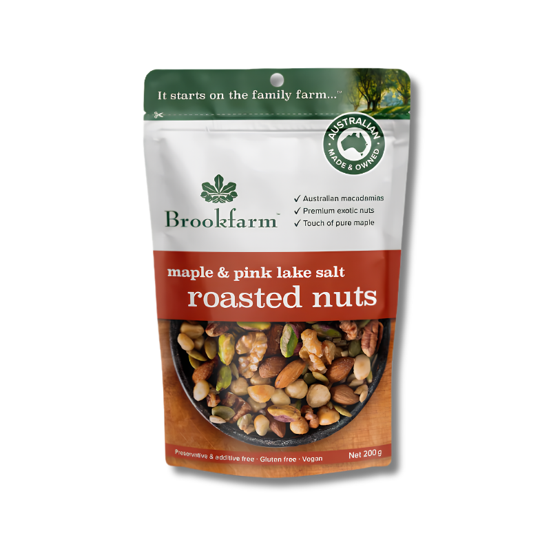 Brookfarm maple & pink lake salt roasted nuts packaging on a white background
