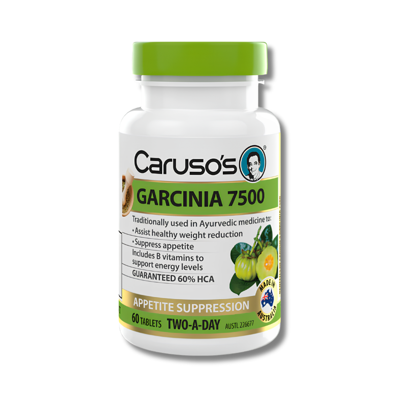 Caruso's Garcinia 7500 supplement bottle on a white background