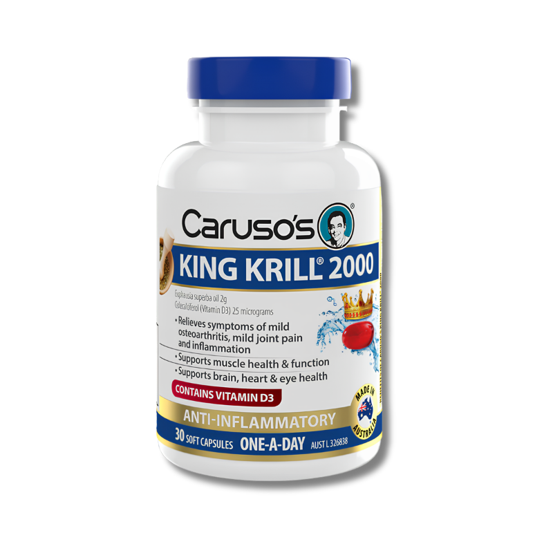Caruso's King Krill 2000 supplement bottle on a white background