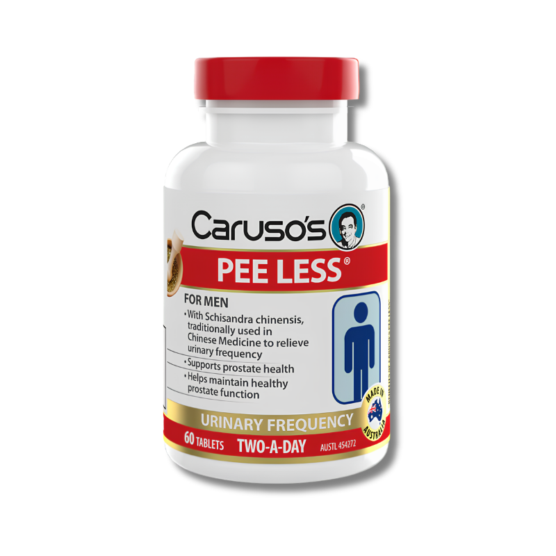 Bottle of Carusos Pee Less supplement on a white background