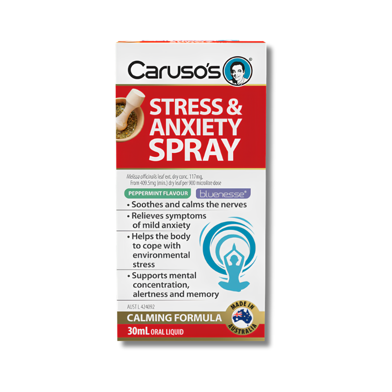 Caruso's Stress & Anxiety Spray packaging on a white background