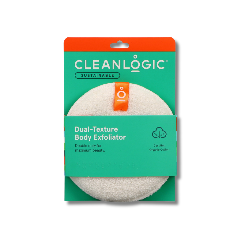 CleanLogic dual-texture body exfoliator packaging on a white background