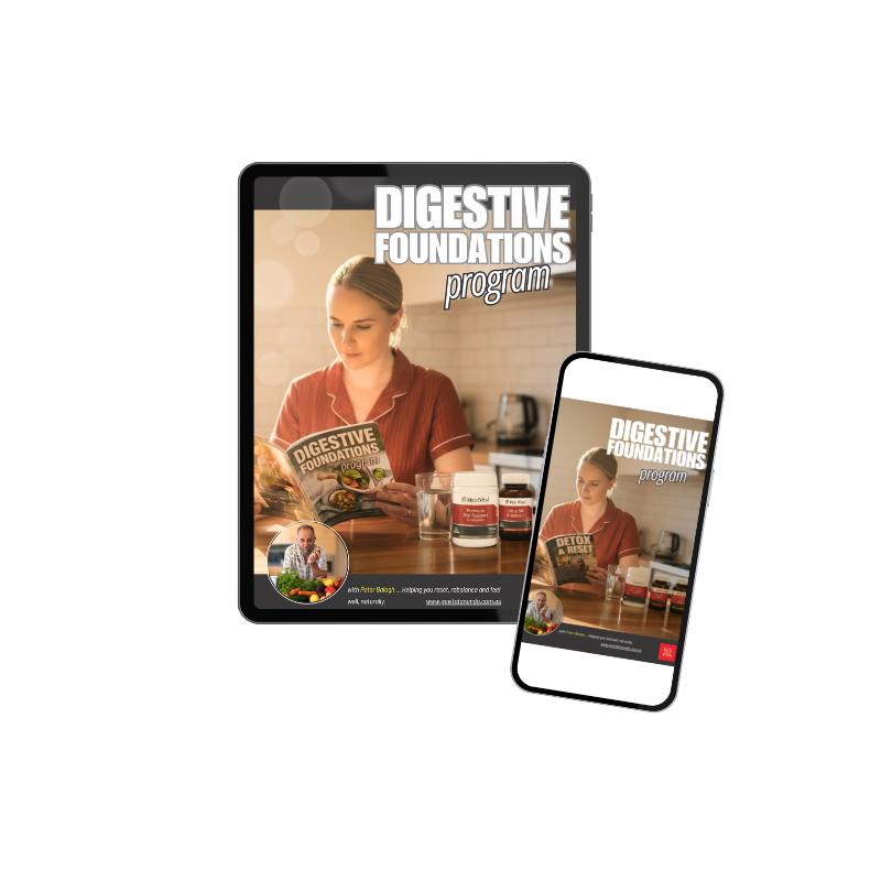 Digital copies of 'Digestive Foundations' program on a tablet and phone with a woman in a kitchen.