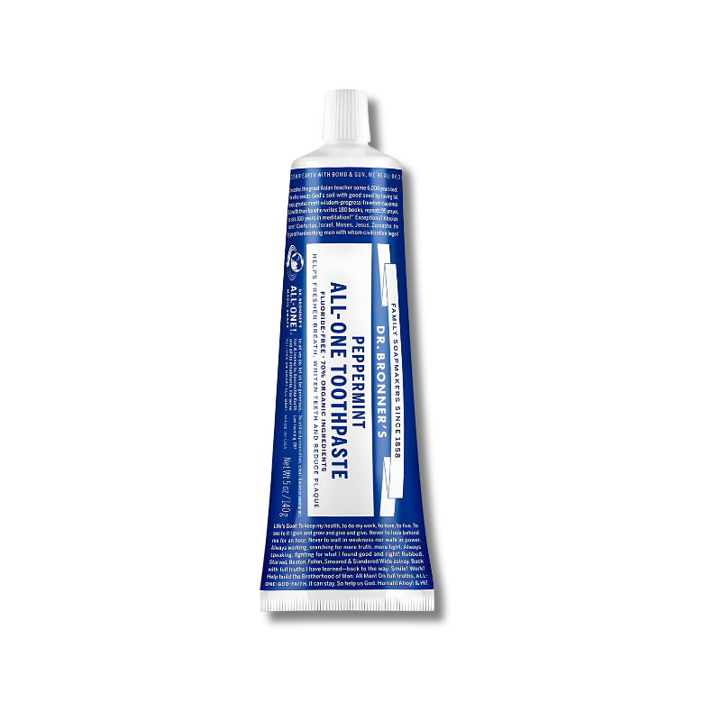 Dr Bronner Peppermint All One Toothpaste helps maintain oral hygiene and supports clean teeth and fresh breath.