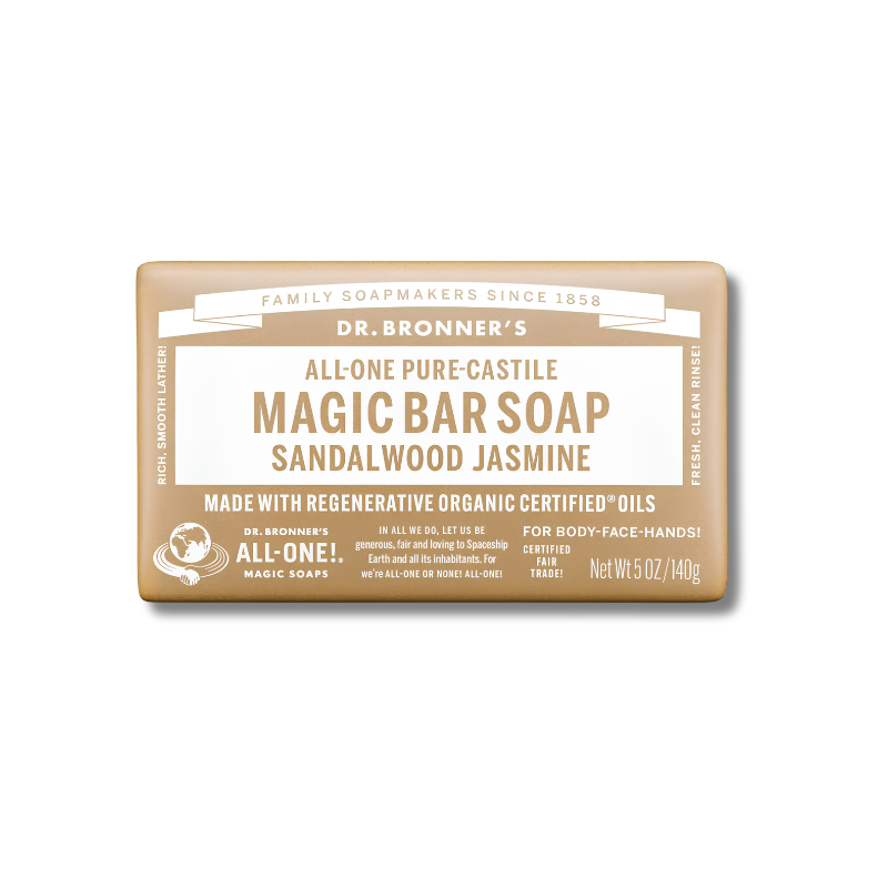 Dr. Bronner's Sandalwood Jasmine Magic Bar Soap on a white background