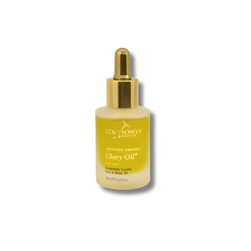 Yellow bottle of Eco by Sonya Glory Oil with gold cap on a white background