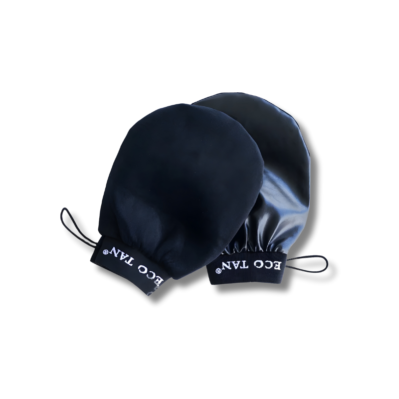 Two black mittens with 'ECO TAN' branding on a white background