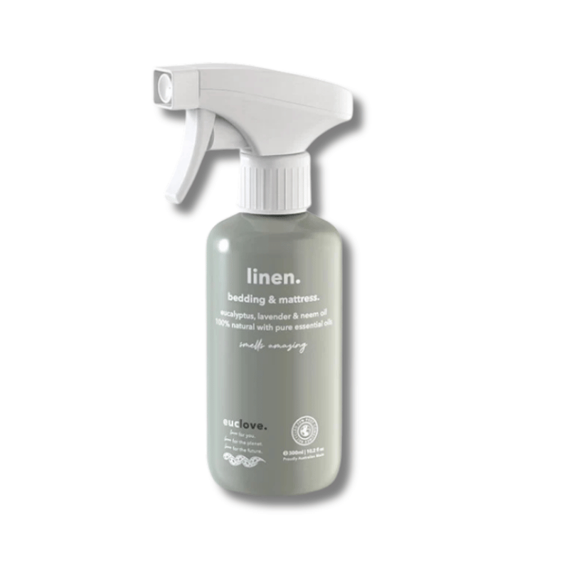 Sleep spray with lavender, eucalyptus, vetiver, and neem oils for relaxation, aromatherapy support, and natural insect protection.