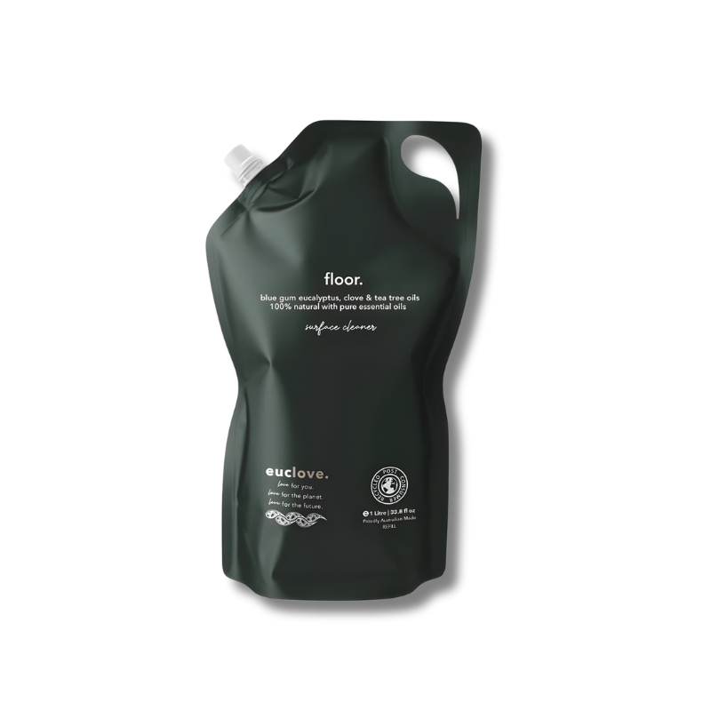 Green plastic bottle with white text on a white background