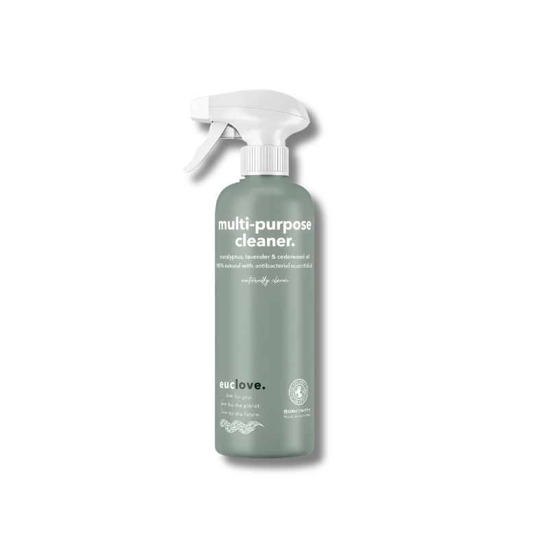 Green multi-purpose cleaner bottle with a white spray nozzle on a white background