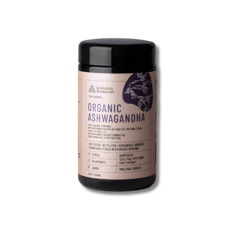 Jar of Organic Ashwagandha powder with a black lid on a white background