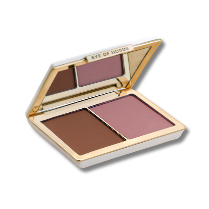 Makeup palette with brown and pink shades on a white background