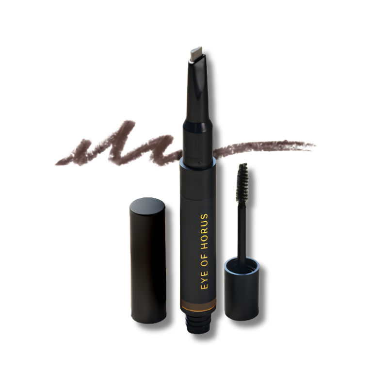 Eyebrow pencil with cap and brush on a white background, branded 'Eye of Horus'.