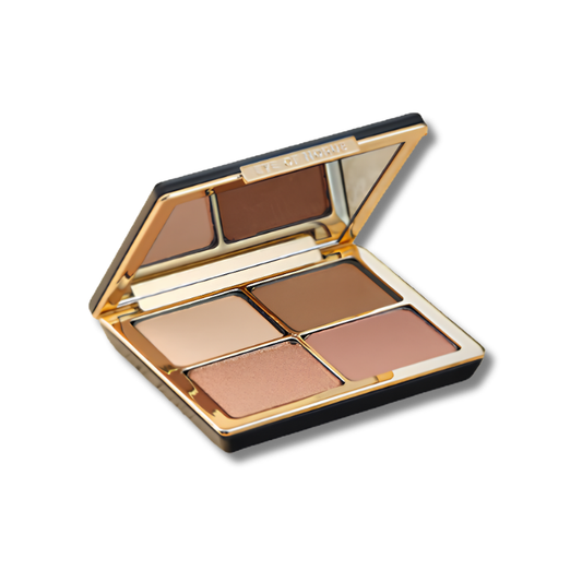 Makeup palette with various shades of brown and beige on a white background