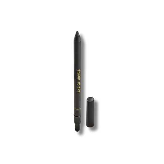 Black eyeliner pencil with rich pigment, Moringa Oil, and smudge tip for long-lasting, gentle, cruelty-free eye definition.