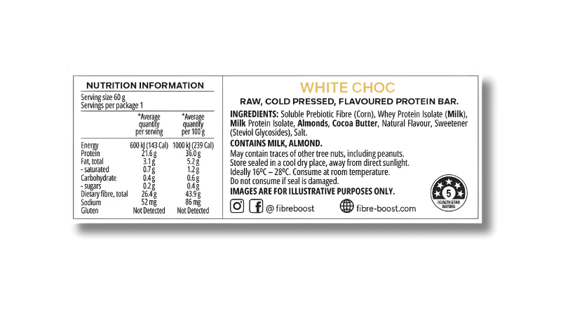 Fibre Boost White Choc Protein Bar β raw, cold-pressed bar with whey, almonds, and cocoa butter for high-fibre nourishment.