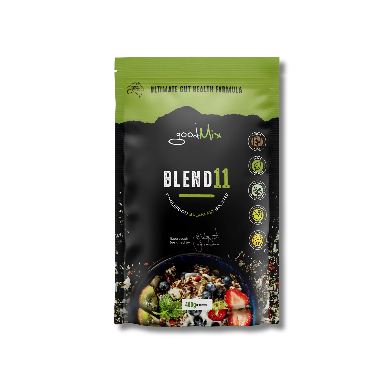 A stand-up pouch of Goodmix Blend11 Wholefood Breakfast Meals on a plain white background. The packaging features a lime green top section with product text and a black lower section with the product name 'BLEND11' in white and green, plus a bowl of prepared breakfast food pictured at the bottom.