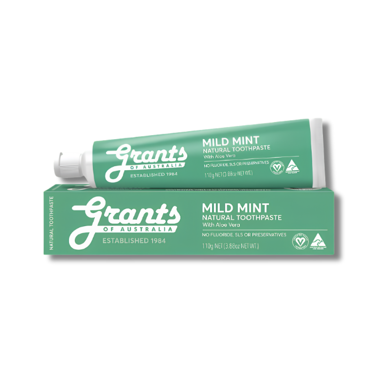 Tube of Grants Mild Mint Natural Toothpaste on a white background