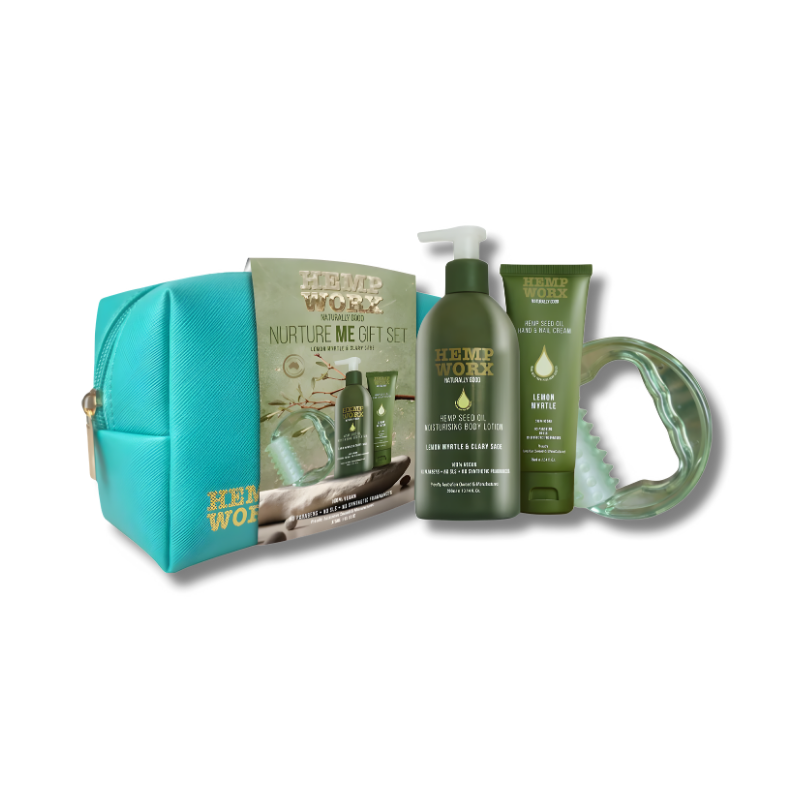 Hemp Worx Nurture Me Gift Set Lemon Myrtle – hemp body lotion, hand cream, and massage tool in a luxury cosmetic bag.