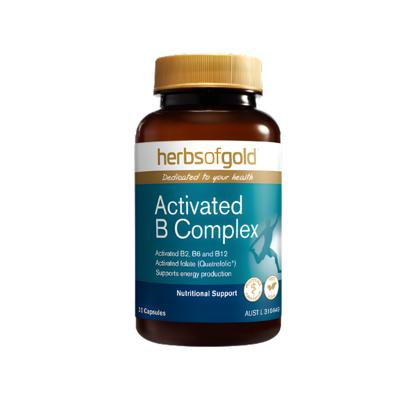 Herbs of Gold Activated B Complex 30 capsules supports energy production and nervous system function as a vitamin B supplement.