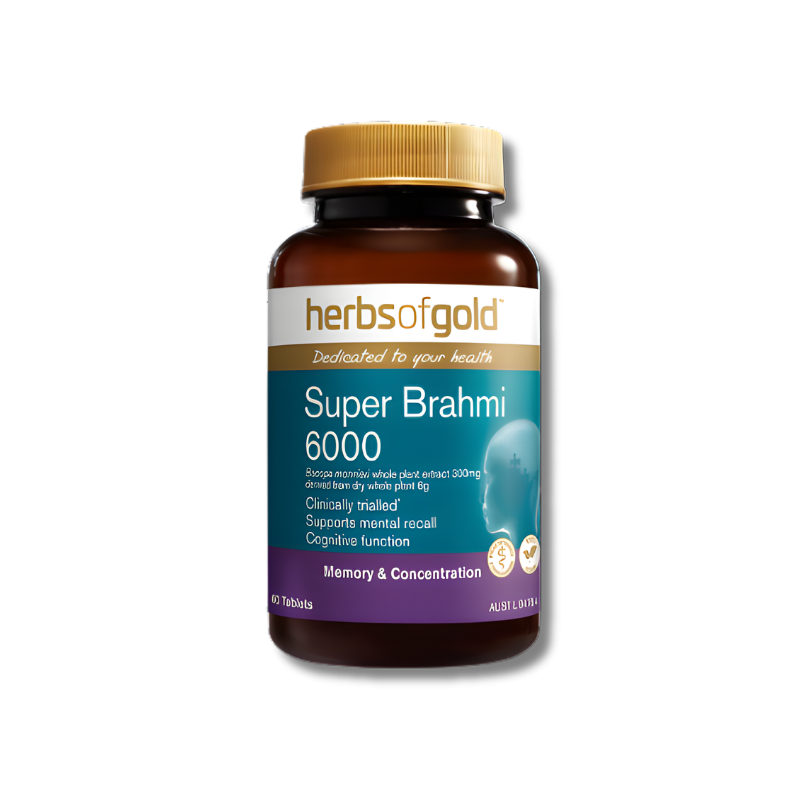 Herbs of Gold Super Brahmi 6000 supplement bottle on a white background