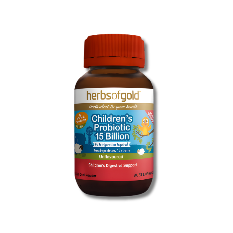 Herbs of Gold Children’s Probiotic 15 Billion powder supports digestive health as a probiotic supplement for children.