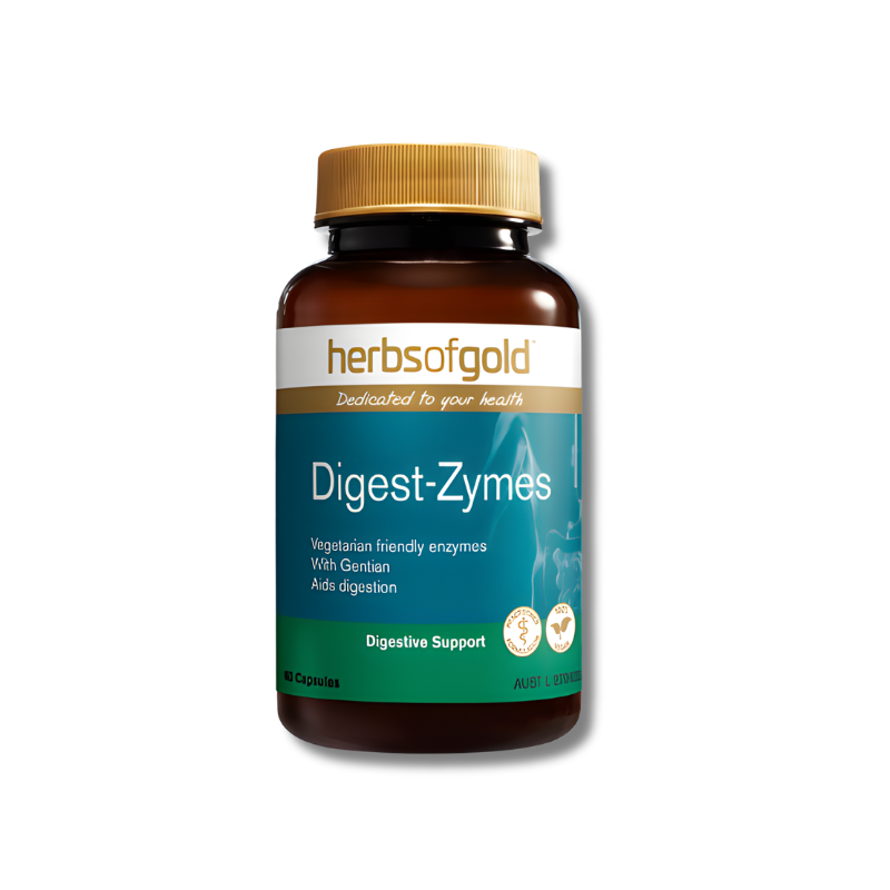 Herbs of Gold Digest-Zymes capsules support digestive health as an enzyme supplement.