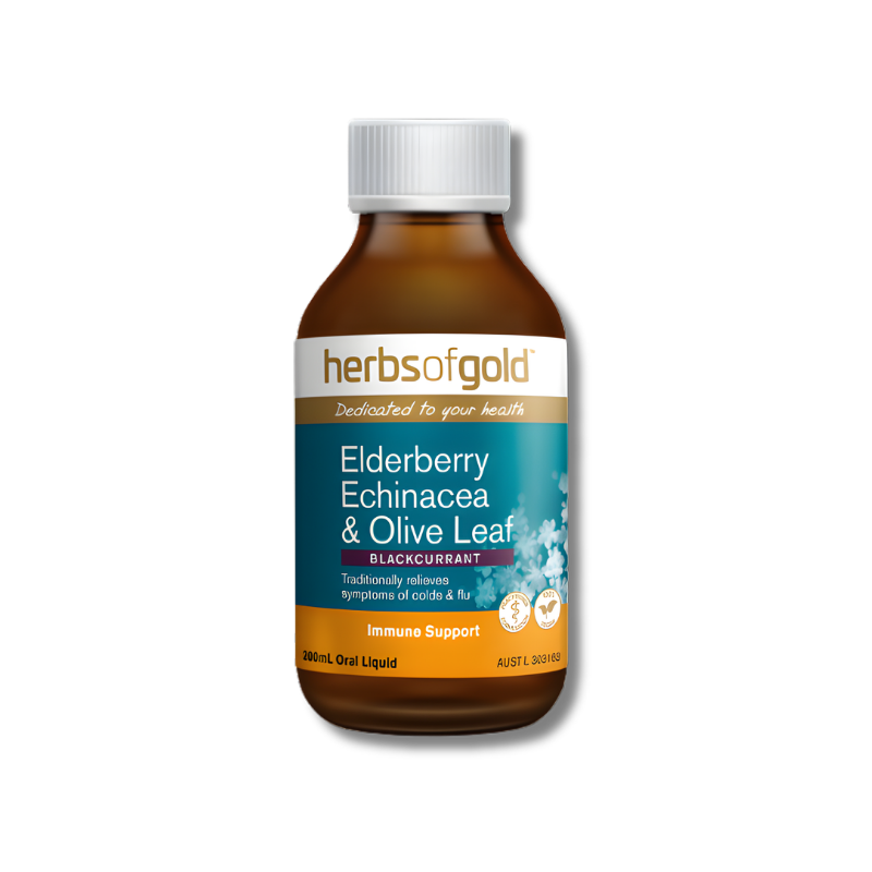 Herbs of Gold Elderberry Echinacea and Olive Leaf liquid supports immune system function as a herbal supplement.