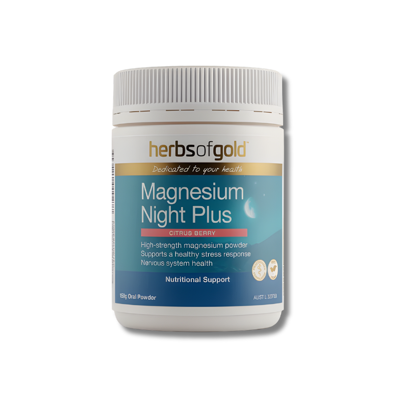 Herbs of Gold Magnesium Night Plus supplement container on a white background