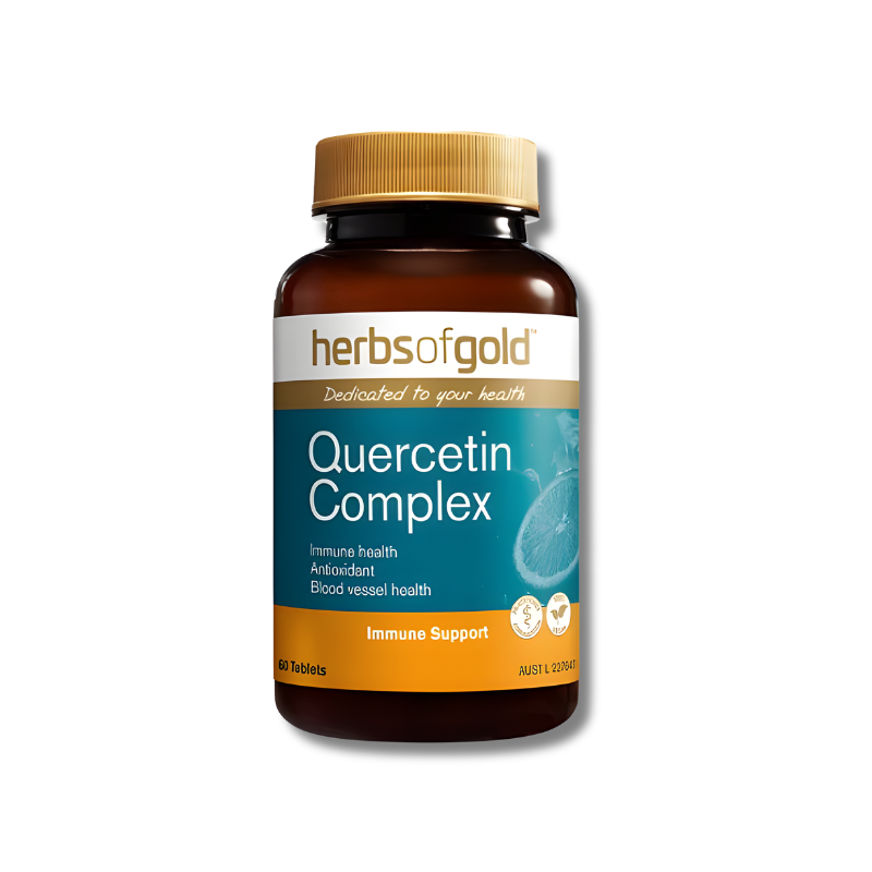 Herbs of Gold Quercetin Complex supplement bottle on a white background